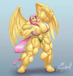 Size: 1024x1062 | Tagged: suggestive, artist:faogwolf, derpibooru import, fluttershy, anthro, bat pony, pegasus, unguligrade anthro, abs, biceps, big breasts, bikini, bodybuilder, breasts, busty fluttershy, clothes, deltoids, female, fetish, flexing, flutterbat, gradient background, huge breasts, mare, muscle fetish, muscles, muscleshy, muscular female, overdeveloped muscles, race swap, signature, solo, solo female, swimsuit, thighs, thunder thighs
