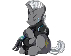 Size: 3030x2400 | Tagged: safe, artist:pridark, derpibooru import, oc, oc:chitter, oc:shield polish, unofficial characters only, changeling, pony, unicorn, fanfic:from under the love seat, changeling oc, comforting, commission, crying, cutie mark, eyes closed, fanfic art, grieving, high res, simple background, sitting, transparent background