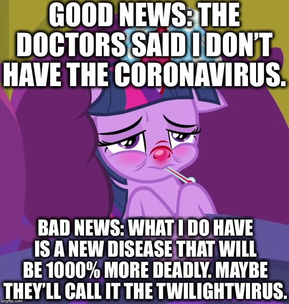 Size: 684x720 | Tagged: safe, derpibooru import, edit, edited screencap, editor:useraccount, screencap, twilight sparkle, twilight sparkle (alicorn), alicorn, pony, ail-icorn, spoiler:interseason shorts, abuse, bed, caption, coronavirus, covid-19, cropped, image macro, implied death, meme, red nosed, sick, solo, text, thermometer, twilybuse