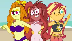 Size: 1024x576 | Tagged: safe, artist:jamesawilliams1996, derpibooru import, adagio dazzle, sunset shimmer, oc, oc:mezma, equestria girls, beach, belly button, clothes, disguise, disguised siren, one eye closed, peace sign, swimsuit, wink, wubcake