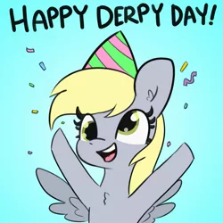 Size: 1125x1125 | Tagged: safe, artist:lurks-no-more, artist:tjpones, color edit, derpibooru import, edit, derpy hooves, pegasus, pony, chest fluff, colored, confetti, derpy day, derpy day 2020, female, hat, party hat, simple background, solo