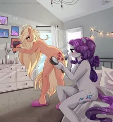 Size: 3684x4000 | Tagged: suggestive, artist:xjenn9, derpibooru import, applejack, rarity, anthro, earth pony, plantigrade anthro, unicorn, alternate cutie mark, bed, bedroom, blushing, breasts, brush, busty applejack, busty rarity, casual nudity, clothes, female, hair dryer, hairbrush, lesbian, mare, mascara, nudity, rarijack, shipping, slippers, strategically covered, string lights