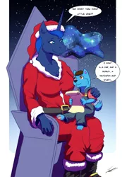 Size: 886x1280 | Tagged: safe, artist:beowulf100, derpibooru import, princess luna, oc, oc:wolzard, alicorn, anthro, wolf, chair, child, christmas, clothes, commission, costume, digital art, holiday, horn, paper, puppy, santa costume, speech bubble, text