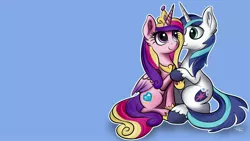 Size: 3840x2160 | Tagged: safe, artist:sadtrooper, derpibooru import, princess cadance, shining armor, alicorn, pony, unicorn, 16:9, blue background, cute, female, holding hooves, holiday, hoof shoes, jewelry, looking at each other, male, mare, outline, regalia, shiningcadance, shipping, simple background, sitting, stallion, straight, tiara, unshorn fetlocks, valentine's day, wallpaper, white outline