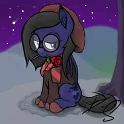 Size: 4000x4000 | Tagged: safe, artist:darkshock, derpibooru import, oc, oc:shadow faith, unofficial characters only, bat pony, pony, bat pony oc, bat wings, bedroom eyes, blushing, clothes, dead tree, desert, ear fluff, eyeshadow, flower, glasses, hearts and hooves day, hidden village, hill, looking at you, makeup, newbie artist training grounds, night, older, rose, scarf, shooting star, signature, slippers, solo, stars, sweater, tree, wings