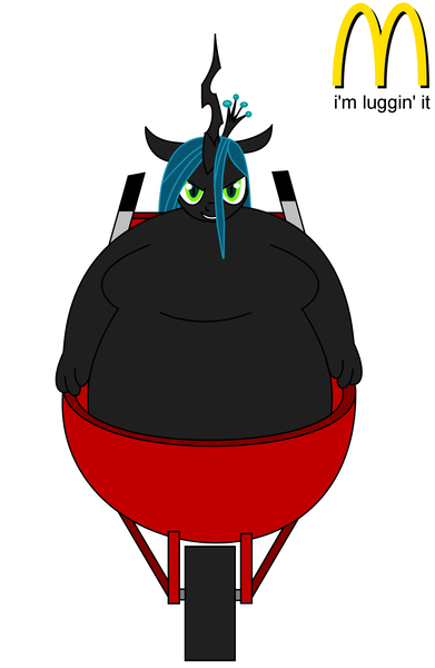 Size: 1500x2300 | Tagged: anthro, artist:dev-catscratch, changeling, derpibooru import, fat, fat fetish, female, fetish, i'm luggin' it, mcdonald's, morbidly obese, obese, queen chrysalard, queen chrysalis, solo, suggestive, wheelbarrow