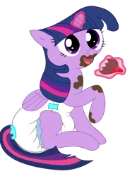 Size: 1396x1800 | Tagged: alicorn, artist:sweetielover, chocolate, derpibooru import, diaper, diaper fetish, fetish, food, magic, magic aura, messy eating, simple background, solo, strawberry, suggestive, transparent background, twilight sparkle, twilight sparkle (alicorn)