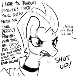 Size: 4500x4500 | Tagged: suggestive, artist:tjpones, derpibooru import, edit, part of a set, tempest shadow, pony, unicorn, ..., armor, blushing, broken horn, cute, dialogue, female, grayscale, horn, image, implied lesbian, implied motorboating, implied shipping, implied tempestlight, implied twilight sparkle, mare, monochrome, offscreen character, png, scar, simple background, solo, tempestbetes, tsundere, tsundere shadow, white background