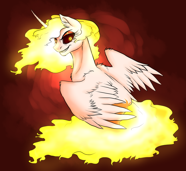 Size: 1719x1587 | Tagged: safe, artist:not-ordinary-pony, derpibooru import, daybreaker, alicorn, pony, rapidash, ear fluff, fangs, female, looking at you, mane of fire, mare, missing accessory, pokémon, smiling, solo, teeth, wings