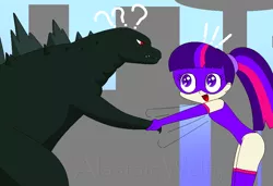 Size: 828x567 | Tagged: safe, artist:alastairwelty, derpibooru import, sci-twi, twilight sparkle, human, kaiju, equestria girls, excited, exclamation point, female, giantess, godzilla, godzilla (series), handshake, human coloration, macro, question mark, sci-titan, superhero