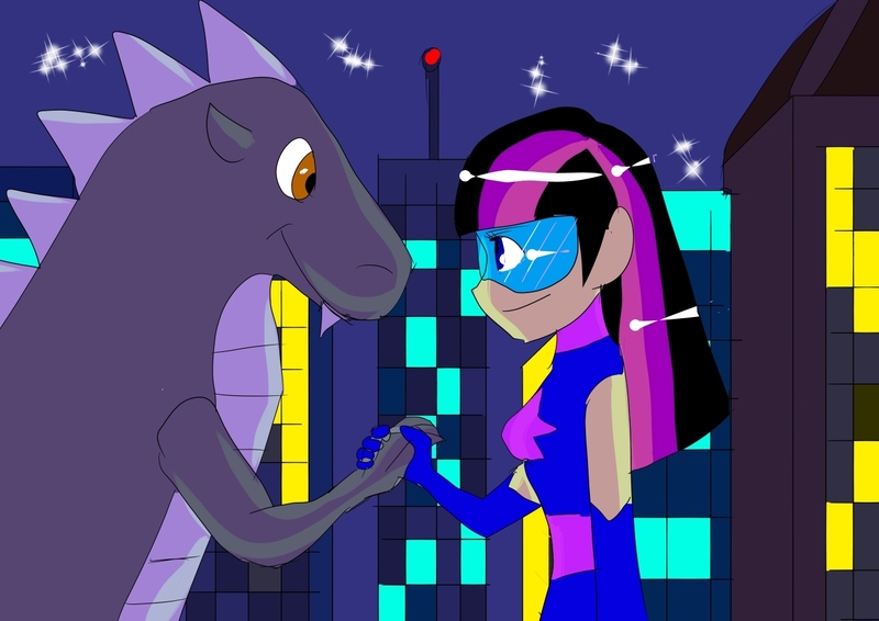 Size: 1280x905 | Tagged: artist:dizzyspot, derpibooru import, godzilla, godzilla (series), handshake, human, humanized, kaiju, magic gaia, safe, superhero, twilight sparkle