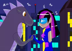 Size: 1280x905 | Tagged: artist:dizzyspot, derpibooru import, godzilla, godzilla (series), handshake, human, humanized, kaiju, magic gaia, safe, superhero, twilight sparkle