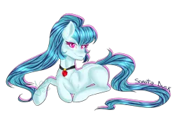 Size: 1800x1200 | Tagged: safe, artist:zima, derpibooru import, sonata dusk, earth pony, pony, equestria girls, rainbow rocks, disguise, disguised siren, eyeshadow, gem, jewelry, laying on stomach, looking at you, makeup, necklace, paint tool sai, pendant, ponytail, simple background, siren gem, smiling, smiling at you, solo, transparent background