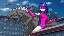 Size: 1600x900 | Tagged: artist:thehereticlocomotive, derpibooru import, female, giantess, godzilla (series), human, humanized, kaiju, macro, plasma girl, safe, superhero, twilight sparkle, zilla