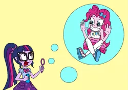 Size: 1329x940 | Tagged: safe, artist:bugssonicx, derpibooru import, pinkie pie, sci-twi, twilight sparkle, equestria girls, equestria girls series, blowing bubbles, bowtie, bubble, bubble wand, clothes, female, floating, geode of telekinesis, glasses, hairpin, in bubble, magical geodes, pantyhose, pinkie being pinkie, ponytail, sandals, simple background, skirt, surprised, tanktop, trapped, yellow background