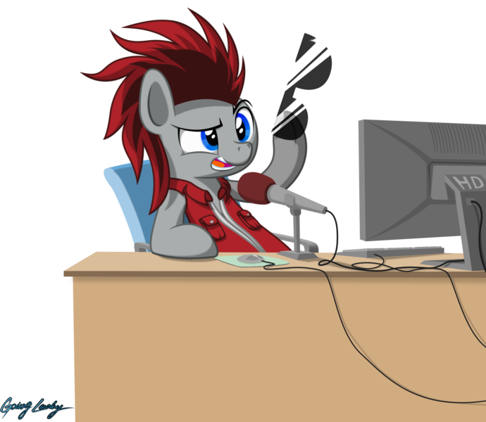 Size: 2272x1975 | Tagged: safe, artist:le-23, derpibooru import, oc, oc:redcord pony, earth pony, pony, clothes, computer, high res, male, microphone, simple background, solo, stallion, sunglasses, transparent background, vest