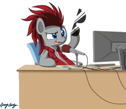 Size: 2272x1975 | Tagged: safe, artist:le-23, derpibooru import, oc, oc:redcord pony, earth pony, pony, clothes, computer, high res, male, microphone, simple background, solo, stallion, sunglasses, transparent background, vest