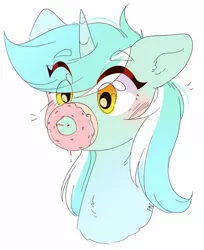 Size: 1280x1568 | Tagged: safe, artist:pledus, derpibooru import, lyra heartstrings, pony, unicorn, blushing, bust, chest fluff, cute, donut, donutsnootle, eye clipping through hair, eyebrows visible through hair, female, food, lyrabetes, mare, portrait, snoot, solo