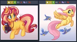 Size: 506x278 | Tagged: safe, artist:katakiuchi4u, derpibooru import, fluttershy, sunset shimmer, bird, bluebird, pegasus, pony, unicorn, derpibooru, camera, female, floppy ears, flying, freckles, gradient background, holding, juxtaposition, juxtaposition win, looking back, mare, meme, meta, open mouth, raised hoof, smiling, solo, spread wings, wings