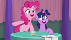 Size: 1920x1080 | Tagged: safe, derpibooru import, screencap, pinkie pie, twilight sparkle, twilight sparkle (alicorn), alicorn, earth pony, pony, a trivial pursuit, bell, cute, diapinkes, duo, having fun, hooves on the table, messy mane, team twipie, trivia trot, twiabetes
