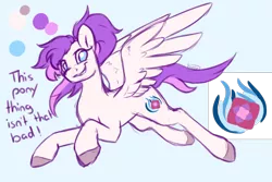 Size: 1500x1000 | Tagged: artist needed, safe, derpibooru import, oc, oc:rose carter, unofficial characters only, pegasus, pony, blue background, cutie mark, female, flying, looking at you, patreon, patreon reward, reference sheet, simple background, smiling, solo, spread wings, unshorn fetlocks, wings