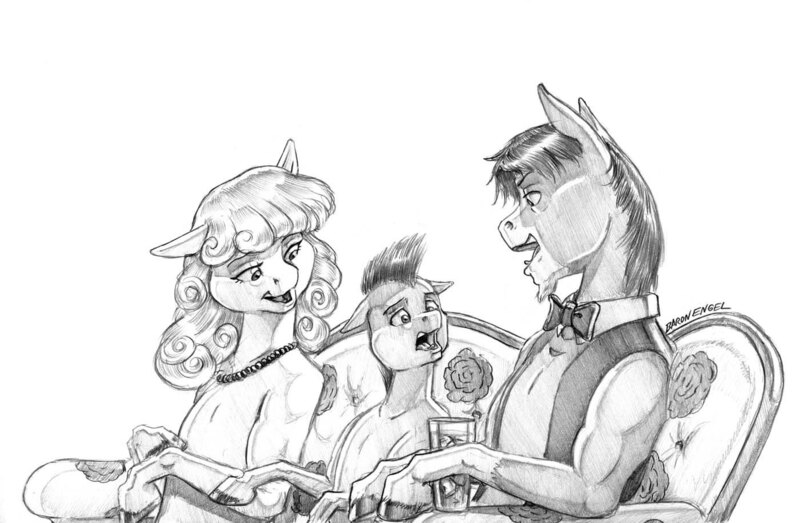 Size: 1400x916 | Tagged: safe, artist:baron engel, derpibooru import, oc, oc:stone mane (baron engel), unofficial characters only, earth pony, pony, semi-anthro, bowtie, colt, couch, drinking glass, female, grayscale, hoof hold, image, jewelry, jpeg, male, mare, monochrome, necklace, pencil drawing, simple background, stallion, story included, traditional art, white background