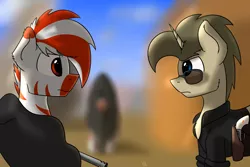 Size: 3000x2000 | Tagged: safe, artist:valthonis, derpibooru import, oc, oc:valthonis, unicorn, zebra, blurred background, cloak, clothes, fallout, fallout: new vegas, gun, handgun, revolver, shirt, sunglasses, weapon