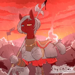 Size: 1200x1200 | Tagged: semi-grimdark, artist:cold-blooded-twilight, derpibooru import, oc, oc:golden spark, earth pony, pony, armor, arrow, battlefield, bleeding, blood, commission, female, hair bun, helmet, heterochromia, plate armor, polearm, rain, red sky, saddle, solo, solo female, sword, tack, war, weapon