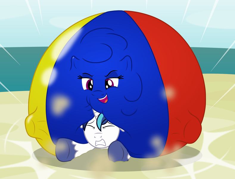 Size: 2601x1979 | Tagged: safe, artist:badumsquish, derpibooru import, shining armor, oc, oc:poink, ponified, ball pony, balloonie pony, beach ball pony, inflatable pony, object pony, original species, pony, unicorn, action shot, ball, beach, beach ball, crash, dreamworks face, duo, female, frown, grin, gritted teeth, impact, inflatable, inflatable toy, inflation, living inflatable, looking at you, male, mare, ocean, pinned, pool toy, pounce, prone, sand, smiling, smirk, smug, speed lines, stallion