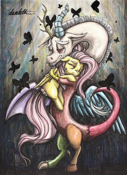 Size: 1024x1408 | Tagged: safe, artist:dantethehuman, derpibooru import, discord, fluttershy, butterfly, draconequus, pegasus, pony, crying, discoshy, eyes closed, female, floppy ears, holding, holding a pony, hug, ink, ink drawing, male, mare, sad, shipping, spread wings, straight, teary eyes, three quarter view, traditional art, watercolor painting, wings