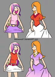 Size: 1140x1575 | Tagged: artist:bananimationofficial, candace flynn, clothes, clothes swap, cosplay, costume, crossover, derpibooru import, human, humanized, looking at each other, phineas and ferb, princess cadance, safe