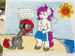 Size: 2576x1932 | Tagged: anthro, artist:drheartdoodles, beach, bikini, chest fluff, clothes, clydesdale, derpibooru import, drake, oc, oc:dr.heart, oc:mellow, partial nudity, red and black oc, safe, shorts, swimsuit, topless, traditional art