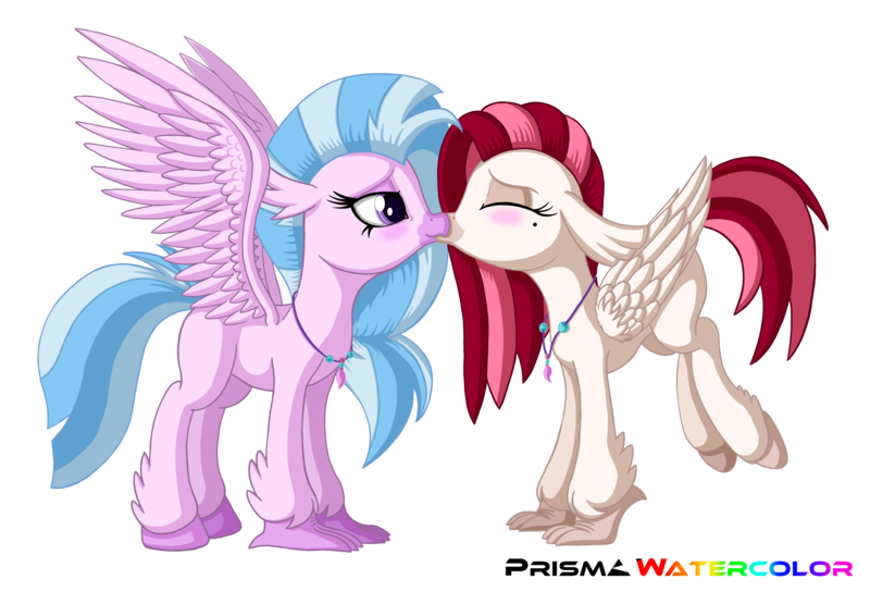 Size: 3802x2584 | Tagged: safe, artist:prismawatercolor, derpibooru import, silverstream, oc, oc:velvet skies, hippogriff, adoraskies, blushing, canon x oc, commission, cute, diastreamies, female, kissing, lesbian, shipping, simple background, transparent background, velvestream, white outline