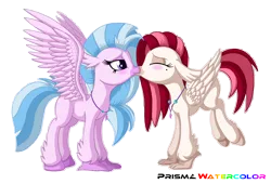 Size: 3802x2584 | Tagged: safe, artist:prismawatercolor, derpibooru import, silverstream, oc, oc:velvet skies, hippogriff, adoraskies, blushing, canon x oc, commission, cute, diastreamies, female, kissing, lesbian, shipping, simple background, transparent background, velvestream, white outline