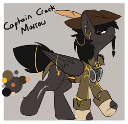 Size: 1216x1179 | Tagged: safe, artist:beardie, derpibooru import, oc, oc:captain crack marrow, unofficial characters only, pegasus, pony, belt, belt buckle, braid, captain jack sparrow, character design, clothes, commission, ear piercing, earring, equine, feather, gray background, hat, jacket, jewelry, lidded eyes, male, necklace, parody, pegasus oc, piercing, reference sheet, scar, short tail, simple background, solo, stallion, wings