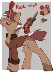 Size: 948x1284 | Tagged: safe, artist:beardie, derpibooru import, oc, oc:red mist, unofficial characters only, pony, unicorn, character design, clothes, coat markings, commission, equine, gray background, gun, horn, jacket, lidded eyes, magic, mottled coat, reference sheet, short mane, short tail, simple background, solo, spots, weapon, wrinkles
