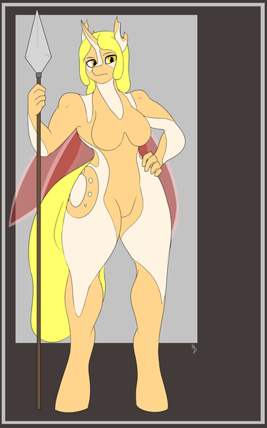 Size: 2784x4470 | Tagged: anthro, artist:freehdmcgee, ascended changeling, changeling, commission, derpibooru import, female, hand on hip, looking at you, oc, oc:sparkfree, safe, solo, spear, unguligrade anthro, unofficial characters only, weapon