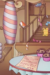 Size: 2000x3000 | Tagged: artist:nauth, background, clothes, commission, derpibooru import, implied anthro, implied carrot cake, implied cup cake, implied pinkie pie, implied sex, no pony, note, staircase, stairs, sugarcube corner, suggestive, text, underwear, undressing