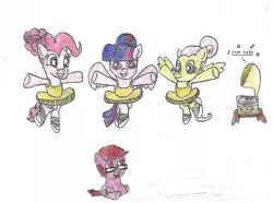 Size: 801x596 | Tagged: safe, artist:logan jones, derpibooru import, fluttershy, pinkie pie, twilight sparkle, twilight sparkle (alicorn), oc, oc:logan berry, alicorn, pony, a royal problem, ballerina, ballet, ballet slippers, clothes, colt, dancing, drawing, female, glasses, gramophone, heart eyes, male, mare, music notes, record, swan lake, traditional art, tutu, wingding eyes