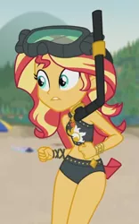 Size: 427x684 | Tagged: safe, derpibooru import, edit, edited screencap, screencap, sunset shimmer, equestria girls, equestria girls series, unsolved selfie mysteries, belly button, bikini, clothes, cropped, female, lip bite, solo, summer sunset, swimsuit