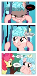 Size: 868x1778 | Tagged: apple bloom, artist:dziadek1990, bait and switch, bars, bow, comic, conversation, cozybetes, cozy glow, cozy glow is best facemaker, cute, derpibooru import, dialogue, edit, edited screencap, evil smirk, foal, marks for effort, safe, school raze, screencap, screencap comic, slice of life, text, tree