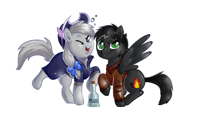 Size: 4000x2500 | Tagged: safe, artist:avui, derpibooru import, oc, oc:unkown, unofficial characters only, pony, bottle, clothes, couple, drunk, simple background, transparent background