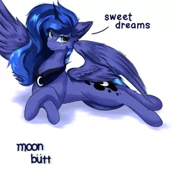 Size: 4096x4096 | Tagged: safe, artist:xxpaw2001xx, derpibooru import, princess luna, alicorn, pony, absurd resolution, butt, cute, dialogue, ear fluff, female, lunabetes, mare, moonbutt, simple background, solo, spread wings, white background, wings