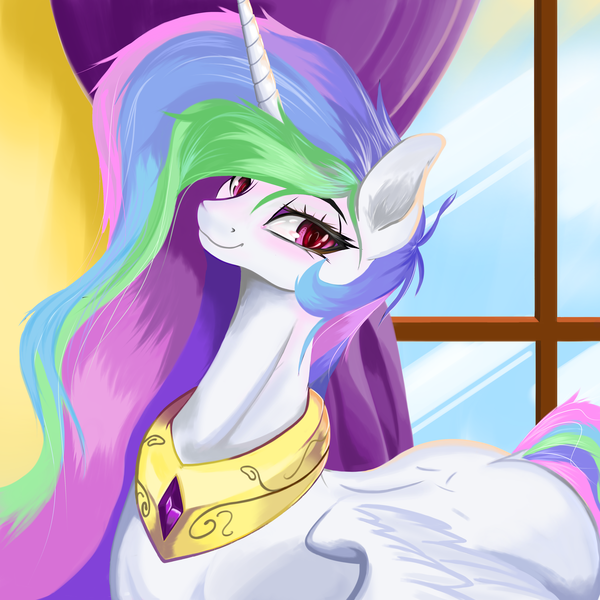 Size: 4096x4096 | Tagged: safe, artist:xxpaw2001xx, derpibooru import, princess celestia, alicorn, pony, absurd resolution, cute, cutelestia, ear fluff, female, mare, messy mane, peytral, smiling, solo, window