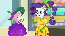 Size: 1920x1080 | Tagged: safe, derpibooru import, screencap, fluttershy, rarity, equestria girls, equestria girls series, holidays unwrapped, spoiler:eqg series (season 2), bare shoulders, canterlot high, clothes, cornucopia costumes, dress, duo, duo female, female, gloves, hat, o come all ye squashful, sleeveless, smiling