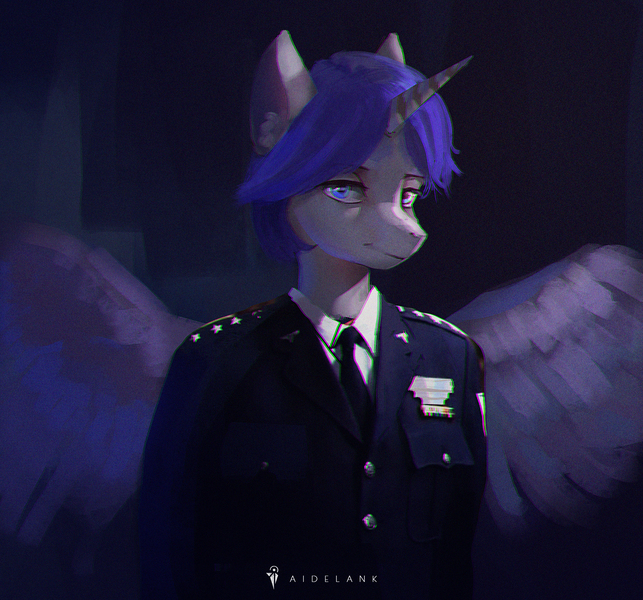 Size: 2250x2099 | Tagged: alicorn, alicorn oc, anthro, artist:aidelank, chromatic aberration, clothes, command and conquer, commission, crossover, derpibooru import, high res, horn, looking at you, oc, oc:atom, red alert, red alert 3, safe, smiling, solo, suit, uniform, video game crossover, wings