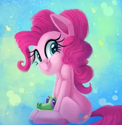 Size: 974x1000 | Tagged: safe, artist:discorded, derpibooru import, gummy, pinkie pie, alligator, earth pony, pony, blue background, cute, diapinkes, duo, ear down, female, mare, simple background, sitting, smiling