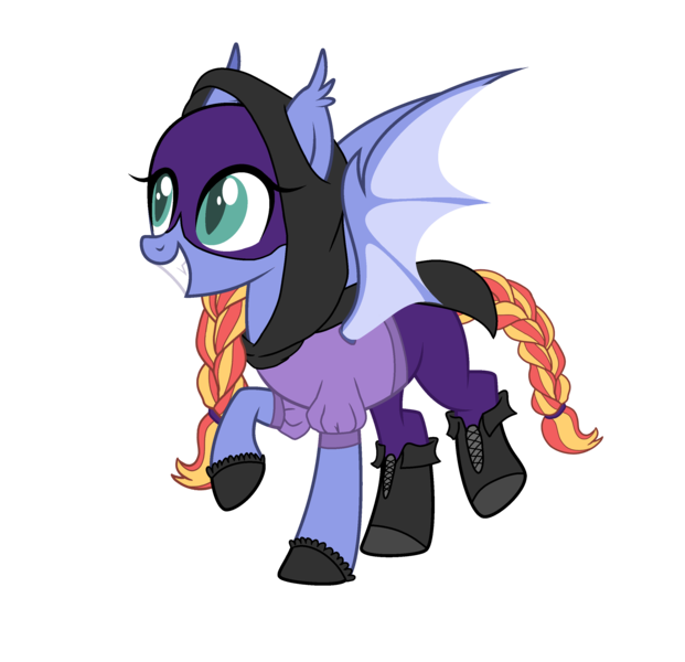 Size: 2856x2760 | Tagged: safe, artist:harmonyharp, derpibooru import, oc, oc:nite-wing, unofficial characters only, bat pony, pony, icey-verse, bat pony oc, bat wings, boots, cape, clothes, female, gloves, grin, hoodie, magical lesbian spawn, mare, mask, offspring, pants, parent:oc:barbat gordon, parent:oc:kara krypta, parents:karabat, parents:oc x oc, ponytail, raised hoof, raised leg, shirt, shoes, simple background, smiling, solo, t-shirt, transparent background, wings