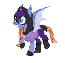 Size: 2856x2760 | Tagged: safe, artist:harmonyharp, derpibooru import, oc, oc:nite-wing, unofficial characters only, bat pony, pony, icey-verse, bat pony oc, bat wings, boots, cape, clothes, female, gloves, grin, hoodie, magical lesbian spawn, mare, mask, offspring, pants, parent:oc:barbat gordon, parent:oc:kara krypta, parents:karabat, parents:oc x oc, ponytail, raised hoof, raised leg, shirt, shoes, simple background, smiling, solo, t-shirt, transparent background, wings