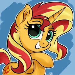 Size: 2160x2160 | Tagged: safe, artist:sadtrooper, derpibooru import, sunset shimmer, pony, unicorn, cute, ear fluff, female, grin, high res, mare, raised hoof, shimmerbetes, smiling, solo